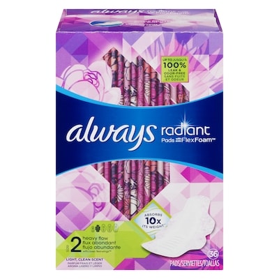 Always Serviettes Radiant, flux abondant, avec ailes, pour femmes, taille 2, parfum net et léger, 36 serviettes 36 ea, 0,47 $/1ch