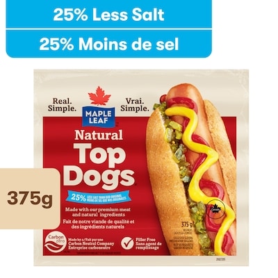 Maple Leaf Natural Top Dogs Less Salt Hot Dogs 375 g, $1.86/100g