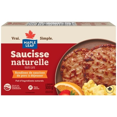 Maple Leaf Rondines de saucisse de porc à déjeuner naturelles, entièrement cuites 300 g, 3,33 $/100g