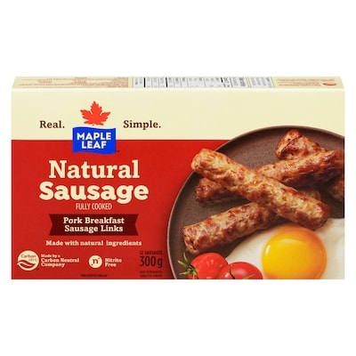 Maple Leaf Natural Pork Breakfast Sausage, Fully Cooked 300 g, $3.16/100g