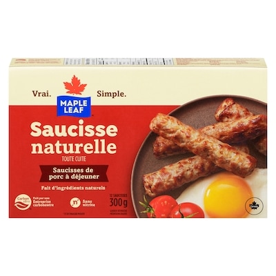 Maple Leaf Saucisses de porc à déjeuner naturelles, entièrement cuites 300 g, 3,33 $/100g