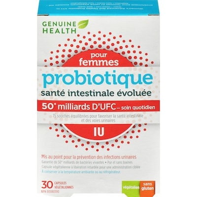 Genuine Health santé intestinale évoluée probiotique pour femmes IU, 50 milliards d'UFC, 15 souches multiples capsules végétaliennes à libération retardée 30 ea, 1,68 $/1ch