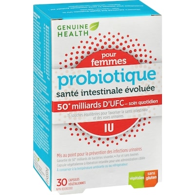 santé intestinale évoluée probiotique pour femmes IU, 50 milliards d'UFC, 15 souches multiples capsules végétaliennes à libération retardée