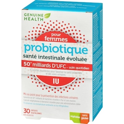 santé intestinale évoluée probiotique pour femmes IU, 50 milliards d'UFC, 15 souches multiples capsules végétaliennes à libération retardée