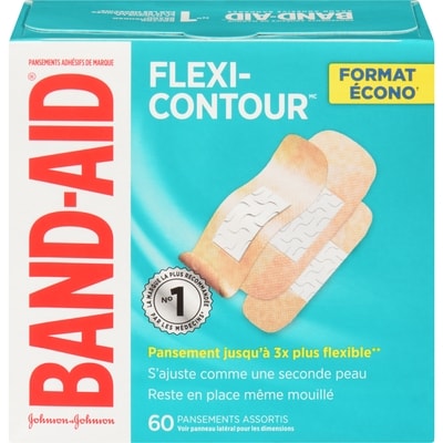 Band-Aid Flexi-Contour Pansements Adhésifs de Marque Emballage Écono 60 Pansements Assortis 60 ea, 0,24 $/1ch