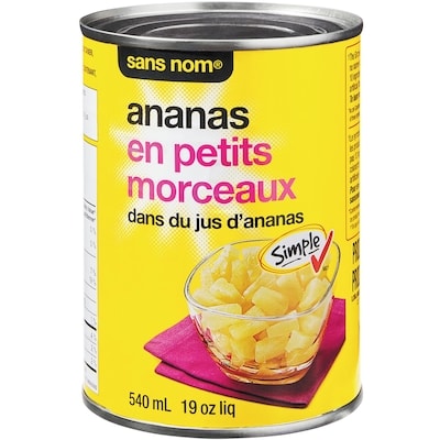 Sans Nom Ananas en petits morceaux dans du jus d'ananas 540 ml, 0,46 $/100ml