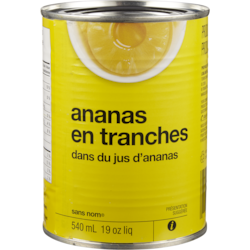Sans Nom Ananas en tranches dans du jus d'ananas 540 ml, 0,46 $/100ml