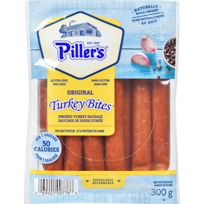 Pillers Turkey Bites Smoked Turkey Sausage Original 300 g, $4.00/100g