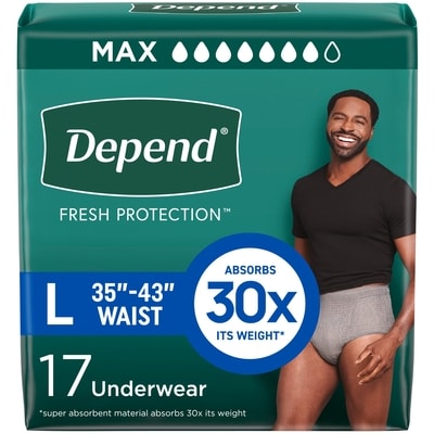 Depends Fresh Protection Adult Incontinence Underwear for Men (Formerly Fit-Flex), Disposable, Maximum, Large, Grey, 17 Count 17 ea, $1.29/1ea