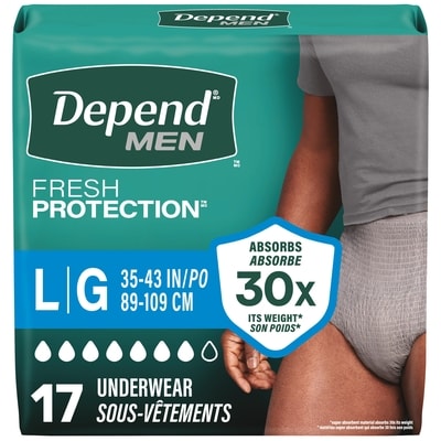 Depend Sous-vêtement d’incontinence Fresh Protection pour hommes adultes, jetable, degré d’absorption maximal, grande taille, gris, 17 unités 17 ea, 1,15 $/1ch