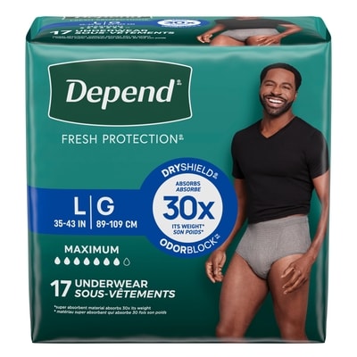 Depend Sous-vêtement d’incontinence Fresh Protection pour hommes, degré d’absorption maximal, G, gris, 17 unités 17 ea, 1,29 $/1ch