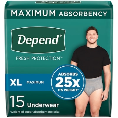 Depends Fresh Protection Adult Incontinence Underwear for Men (Formerly Fit-Flex), Disposable, Maximum, Extra-Large, Grey, 15 Count 15 ea, $1.47/1ea
