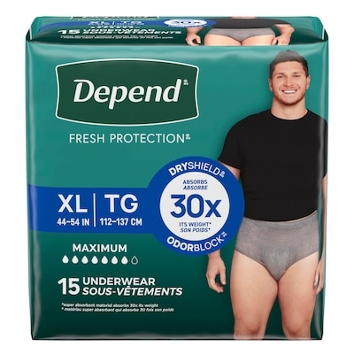 Depends Fresh Protection Adult Incontinence Underwear for Men (Formerly Fit-Flex), Disposable, Maximum, Extra-Large, Grey, 15 Count 15 ea, $1.30/1ea