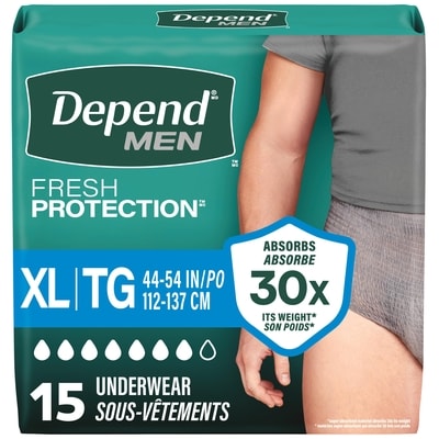 Depend Sous-vêtement d’incontinence Fresh Protection pour hommes adultes, jetable, degré d’absorption maximal, taille XL, gris, 15 unités 15 ea, 1,30 $/1ch