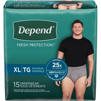Depend Sous-vêtement d’incontinence Fresh Protection pour hommes, degré d’absorption maximal, TG, gris, 15 unités 15 ea, 1,47 $/1ch