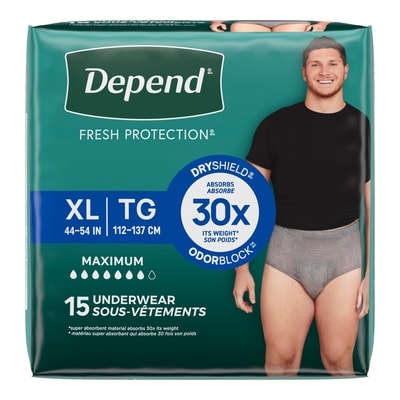 Depend Sous-vêtement d’incontinence Fresh Protection pour hommes, degré d’absorption maximal, TG, gris, 15 unités 15 ea, 1,47 $/1ch