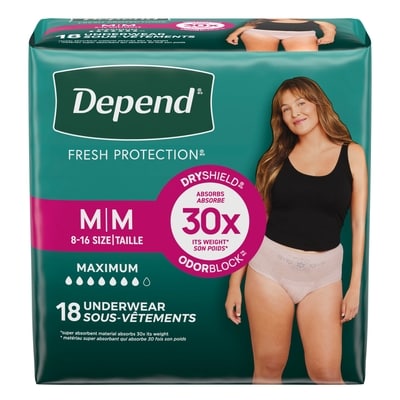 Depend Sous-vêtement d’incontinence Fresh Protection pour femmes, degré d’absorption maximal, M, couleur rosée, 18 unités 18 ea, 1,17 $/1ch