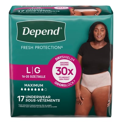 Depend Sous-vêtement d’incontinence Fresh Protection pour femmes, degré d’absorption maximal, G, couleur rosée, 17 unités 17 ea, 1,15 $/1ch