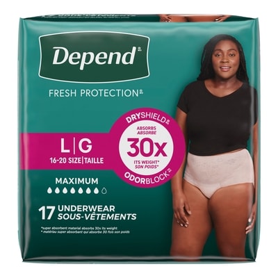 Depend Sous-vêtement d’incontinence Fresh Protection pour femmes, degré d’absorption maximal, G, couleur rosée, 17 unités 17 ea, 1,29 $/1ch