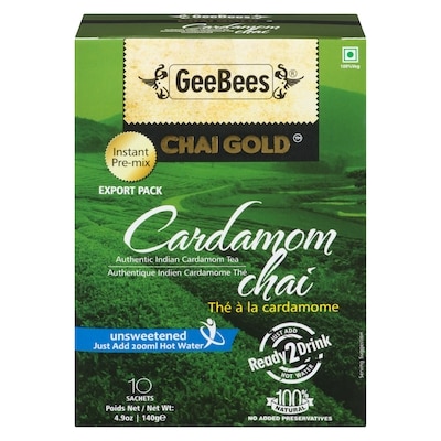 GeeBees Chai Gold Authentic Indian Cardamom Tea Cardamom Chai Unsweetened 10 Sachets 140 g, $4.28/100g