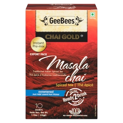 GeeBees Chai Gold Traditional Indian Spiced Tea Masala Chai Sweetened 10 Sachets 220 g, $2.72/100g