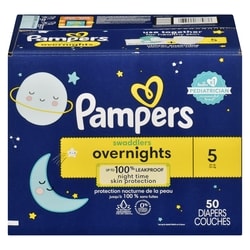 Pampers Couches Pampers Swaddlers Overnight, taille 5, 50 couches 50 ea, 0,70 $/1ch