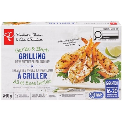 President's Choice Garlic and Herb Grilling Raw Butterflied Shrimp 340 g, $3.53/100g