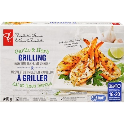 President's Choice Garlic and Herb Grilling Raw Butterflied Shrimp 340 g, $2.94/100g