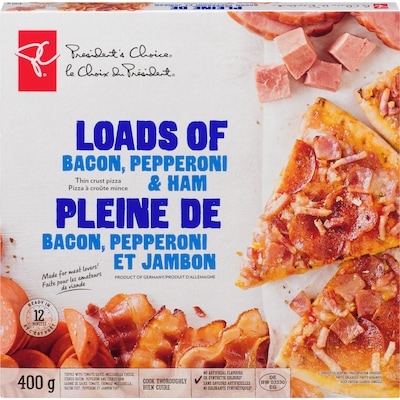 President's Choice Loads Of Bacon, Pepperoni and Ham Thin Crust Pizza 400 g, $1.45/100g