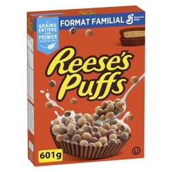 General Mills Reese's Puffs, Céréales Pour le Petit-Déjeuner Saveur Beurre d'Arachide et Chocolat, Grains Entiers, Format Familial 601 g, 1,33 $/100g