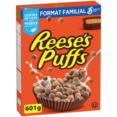 General Mills Reese's Puffs, Céréales Pour le Petit-Déjeuner Saveur Beurre d'Arachide et Chocolat, Grains Entiers, Format Familial 601 g, 1,33 $/100g
