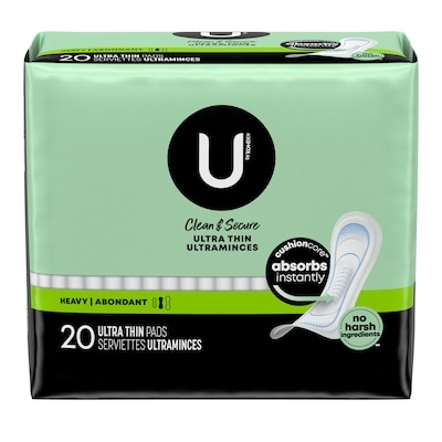 U by Kotex Serviettes ultramince Clean & Secure, absorption élevée, 20 unités. 20 ea, 0,40 $/1ch