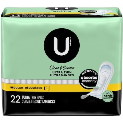 U by Kotex Serviettes ultraminces Clean & Secure, absorption régulière, 22 unités 22 ea, 0,36 $/1ch