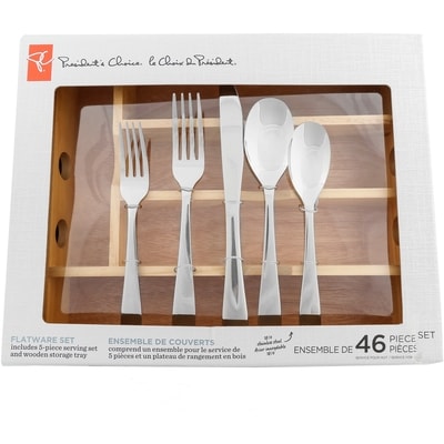 le Choix du Président Ensemble de 46 pièces en acier inoxydable 18/10, huit couverts, ensemble de service de 5 pièces et plateau de rangement en bois 46x1.0 ea, 1,78 $/1ch