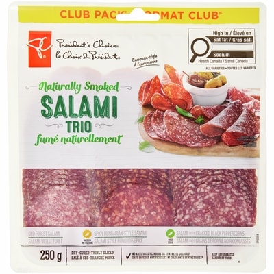 le Choix du Président Trio de salami fumé naturellement, format club 250 g, 5,60 $/100g