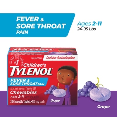 Tylenol Fièvre et douleur pour enfants, à croquer 20 ea, 0,57 $/1ch