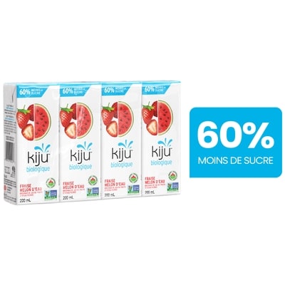 Kiju 60 % moins de sucre Boîtes de jus biologiques fraise et melon d’eau 4x200.0 ml, 0,62 $/100ml