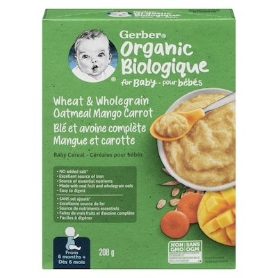 Nestlé GERBER Organic Wheat & Wholegrain Oat Mango Carrot Baby Cereal 208 g, $3.12/100g