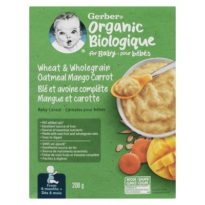 GERBER Bio Blé et avoine ent. Banane Mangue Carotte Cér. Bébés 208g
