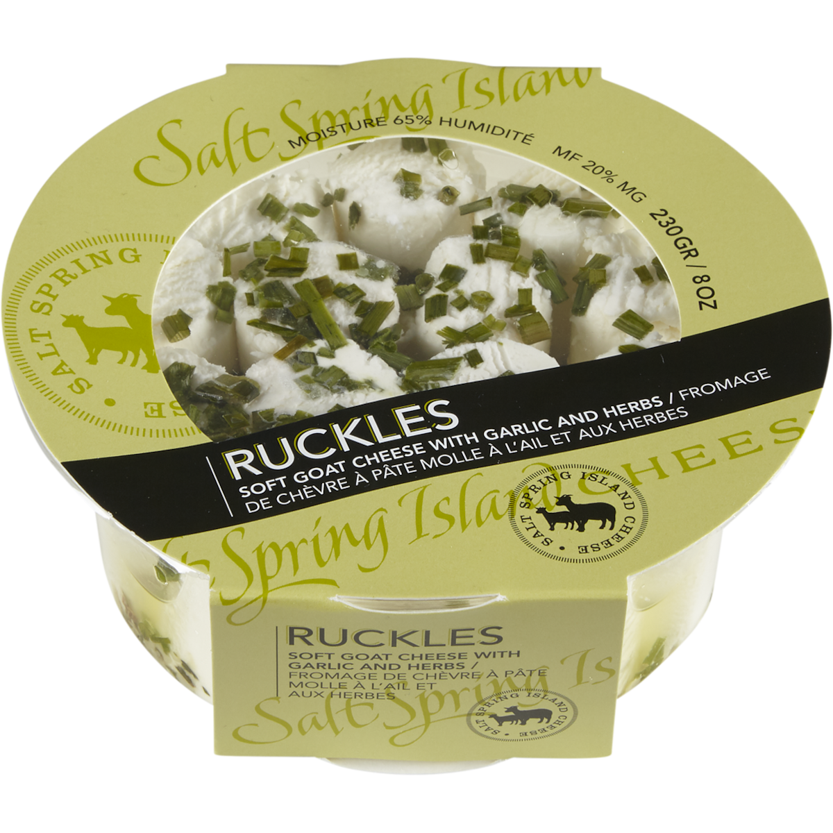 Saltspring Soft Goat Cheese With Garlic And Herbs Ruckles 20% Mf 230 g, $8.26/100g