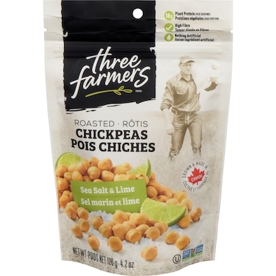 Three Farmers Pois chiches rôtis, sel de mer et lime 120 g, 3,33 $/100g