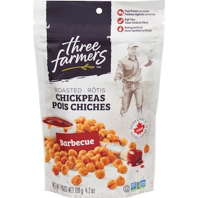 Three Farmers Pois chiches rôtis, barbecue 120 g, 3,33 $/100g