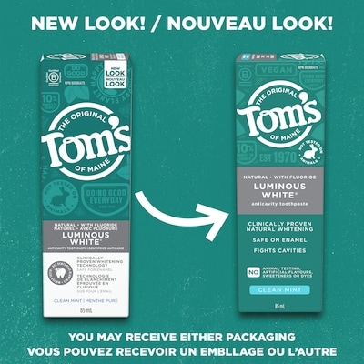 Tom's of Maine Luminous White Natural Whitening Toothpaste with Fluoride, Clean Mint 85 ml, $12.87/100ml