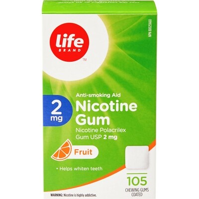Life Gomme de nicotine à 2 mg à saveur de fruits, 105 gommes enrobées 105 ea, 0,36 $/1ch