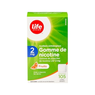 Gomme de nicotine à 2 mg à saveur de fruits, 105 gommes enrobées