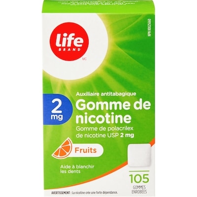 Gomme de nicotine à 2 mg à saveur de fruits, 105 gommes enrobées