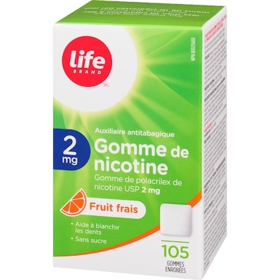 Gomme de nicotine à 2 mg à saveur de fruits, 105 gommes enrobées