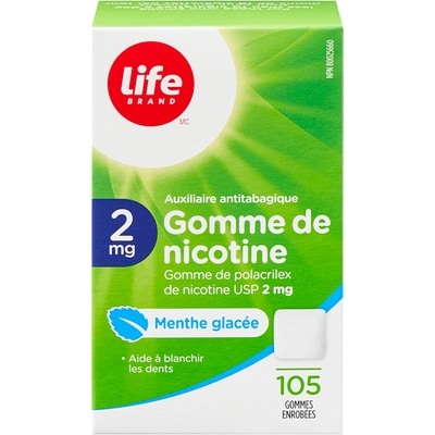 Life Gomme de nicotine 2 mg à saveur de menthe poivrée, 105 gommes enrobées 105 ea, 0,36 $/1ch