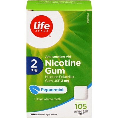 Life Gomme de nicotine 2 mg à saveur de menthe poivrée, 105 gommes enrobées 105 ea, 0,36 $/1ch