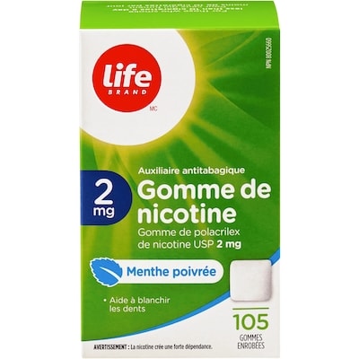 Gomme de nicotine 2 mg à saveur de menthe poivrée, 105 gommes enrobées